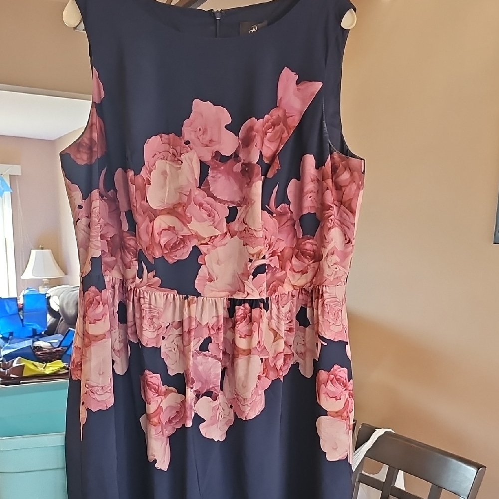 Adrianna Papell Navy and Pink Floral Midi Dress